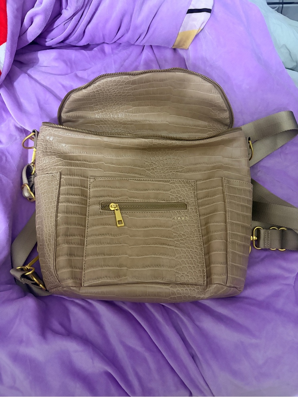 Taupe Croc-Embossed Crossbody Bag with Gold Hardware by Fawn